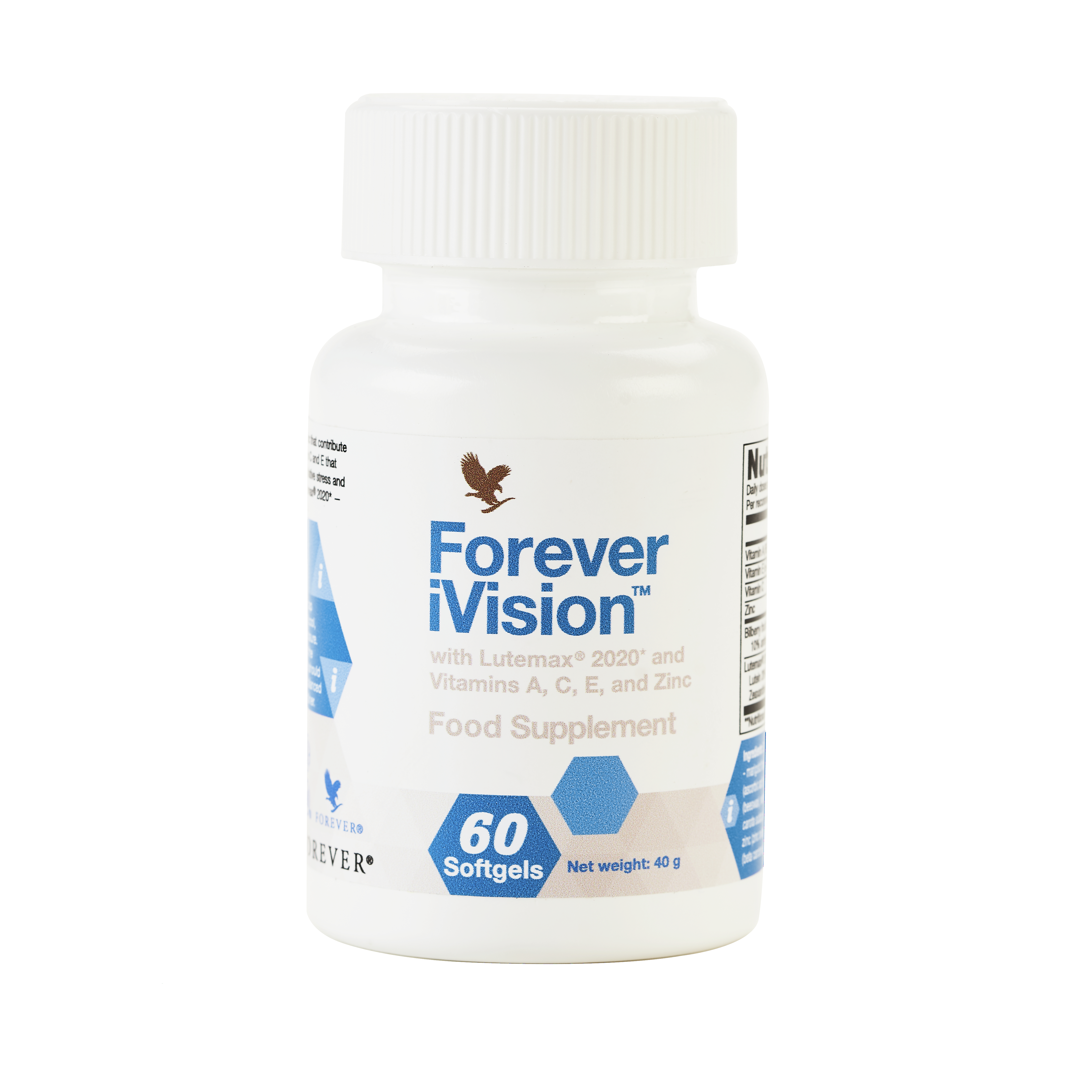 Forever iVision is an eye supplement containing vitamin A and zinc that contribute to the maintenance of normal vision, vitamins C and E that contribute to the protection of cells from oxidative stress and a powerful blend of bilberry extract and Lutemax 2020 - with clinically studied zeaxanthin and lutein.​ 