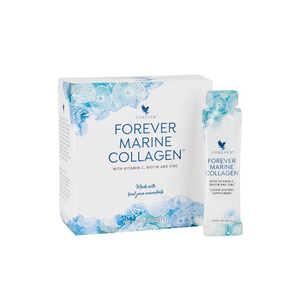 <b>Beauty starts from within with Forever Marine Collagen</b>&nbsp;

<ul><li>Helps improve skin’s hydration&nbsp;</li><li>Helps improve skin’s texture</li><li>Helps improve skin’s texture</li><li>Supports appearance of firmer skin&nbsp;</li><li>Helps maintain healthy skin</li></ul>

Collagen is quickly becoming a must-have for any daily skincare routine. And as more people introduce collagen to their routine, they want a more efficient way to get the most out of every drop.&nbsp;<b>Forever Marine Collagen&nbsp;</b>is a highly concentrated liquid formula that uses a scientifically advanced marine collagen base which is more bioavailable and easily broken down by the body when compared to other forms.
Finally, a marine collagen that tastes great!&nbsp;<b>Forever Marine Collagen&nbsp;</b>has a tart, berry flavour that you can conveniently drink right from the sachet. These easy and convenient 15ml sachets are also perfect for taking with you on the go!
It couldn’t be easier to promote skin hydration and texture, and maintain healthy-looking skin from the inside out.&nbsp;
In addition to marine-based collagen, we also added black pepper extract, goji berries and green tea extract, along with vitamins C and A which contribute to the normal formation of collagen in the body. Zinc and biotin also play a role in the maintenance of skin, bones, hair and nails.&nbsp;
If you’re looking to add collagen to your daily skincare and beauty routine, don’t just grab any product off the store shelf. Choose the more efficient, bioavailable form with&nbsp;<b>Forever Marine Collagen</b>.