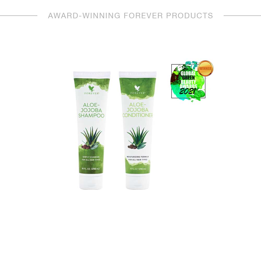 Give the gift of vibrant, healthy-looking hair.
Give your hair the very best with Forever’s&nbsp;<b>Aloe-Jojoba Shampoo</b>&nbsp;and our award-winning&nbsp;<b>Aloe-Jojoba Conditioner</b>. Our reformulated shampoo and conditioner are the perfect pairing for deep cleansing and nourishing power for all hair types.
Start your hair care routine off right with the cleansing power of&nbsp;<b>Aloe-Jojoba Shampoo</b>, and lock in moisture, control and shine with&nbsp;<b>Aloe-Jojoba Conditioner</b>. Made with pure inner leaf aloe vera and jojoba oil, this powerful pairing is perfect for everyday use for soft, manageable hair with a stunning shine.
Our Hair Care Bundle is packed in a Forever gift bag and tissue paper, making it the ideal gift for everyone this festive season.
<h3>Aloe-Jojoba Shampoo:</h3>
Forever’s&nbsp;<b>Aloe-Jojoba Shampoo</b>&nbsp;is perfect for everyday use to easily rinse away dirt and oil and leave your hair feeling soft and manageable.
<h3>Aloe-Jojoba Conditioner:</h3>
Forever’s award-winning&nbsp;<b>Aloe-Jojoba Conditioner&nbsp;</b>softens, smooths and makes hair more manageable, whilst also nourishing deeply and boosting hair and scalp hydration without added sulphates.